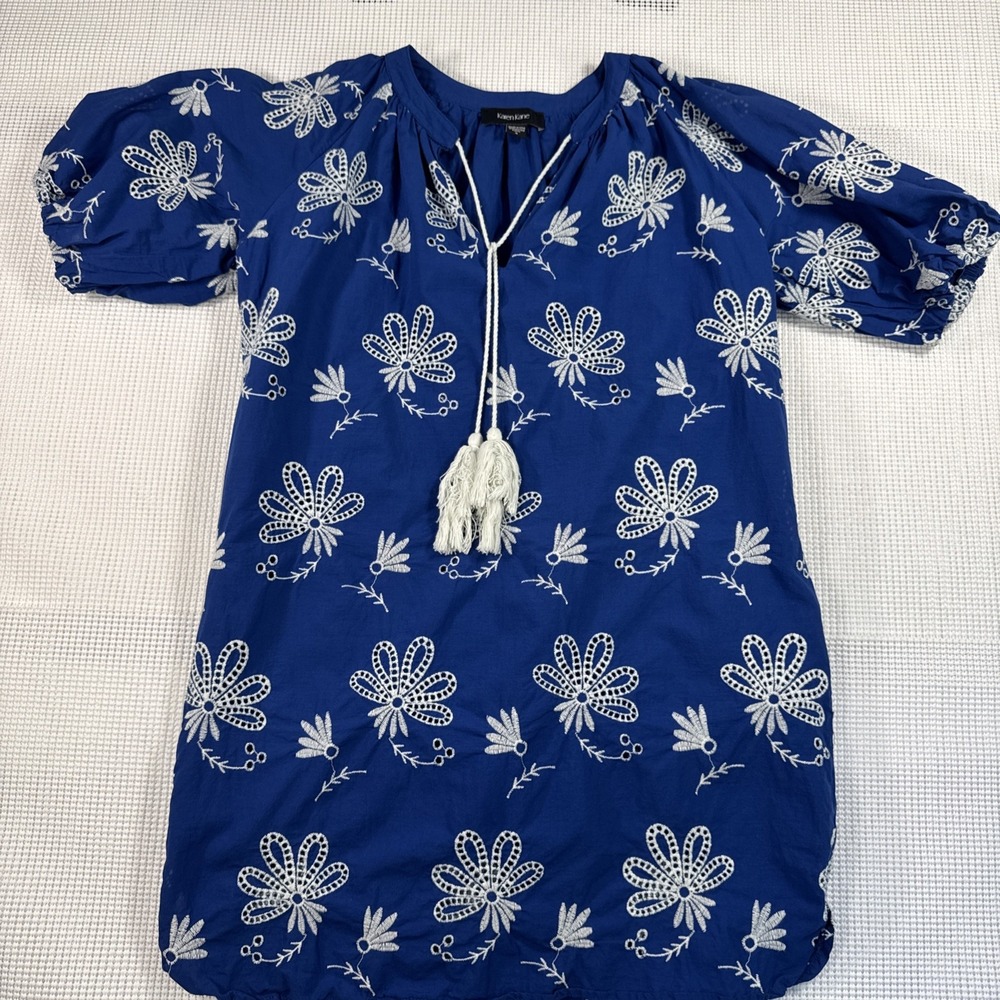 Karen Kane Blue Embroidered Boho Tunic Dress Womens Small Cotton Puff Sleeve